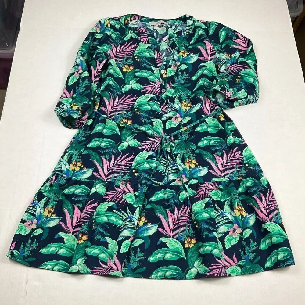 LOFT Linen Blend Shift Dress Floral Tropical Print 3/4 Sleeve Drop Waist Size XS